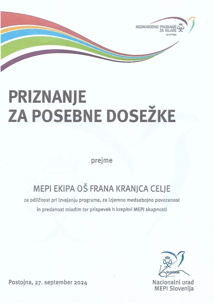 Priznanje MEPI foruma za OŠ Frana Kranjca 2024
