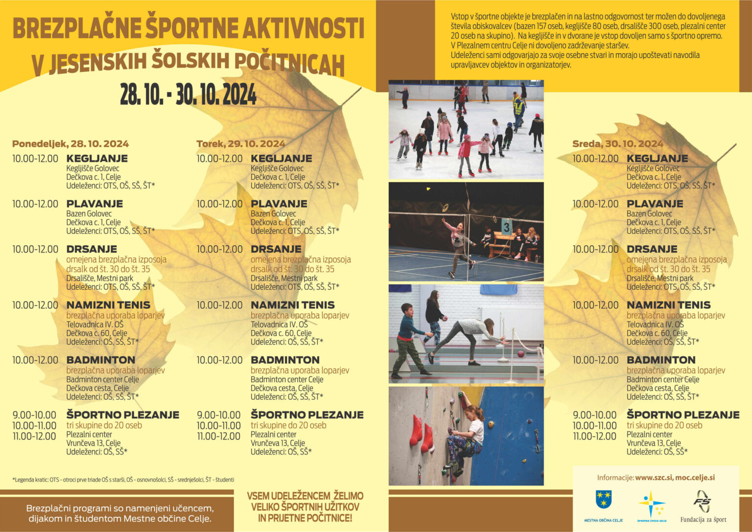 Brezplačne športne aktivnosti v času jesenskih počitnic 2024