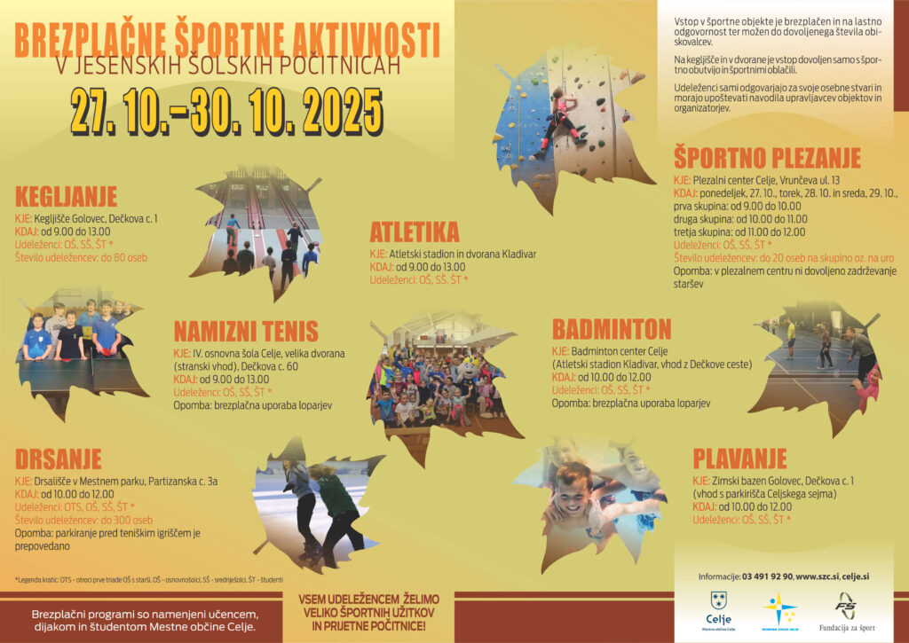 Brezplačne športne aktivnosti v jesenskih počitnicah 2025