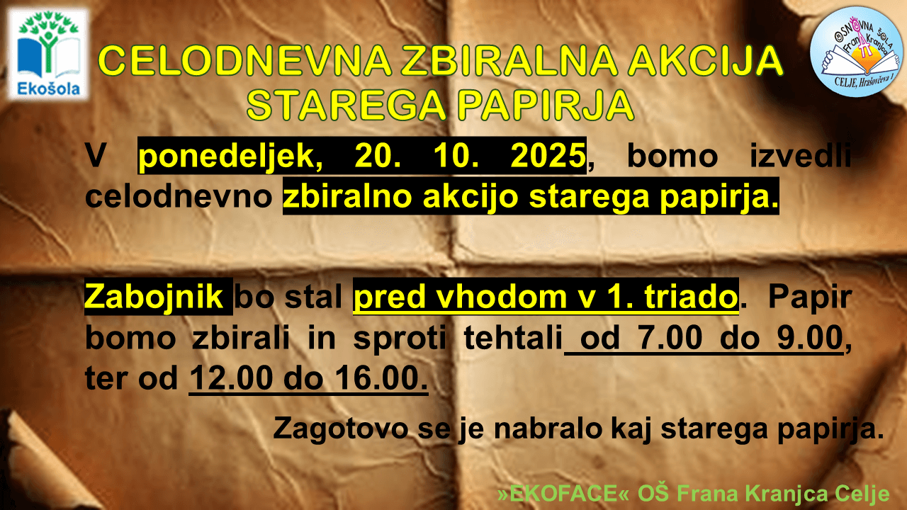 Zbiralna akcija papirja -1 – 2025-2026 Celodnevna akcija zbiranja papirja, oktober 2025