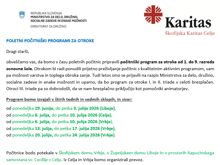Poletni počitni&scaron;ki program &Scaron;kofijske Karitas Celje, 2026